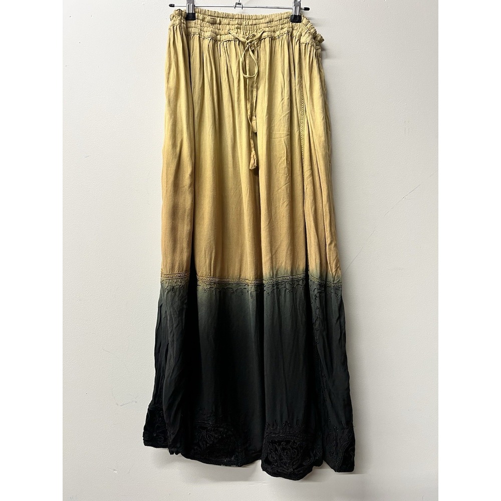 Geeta Vintage Yellow Embellished Ombré Gypsy Bohemian Maxi Skirt Elastic Waist